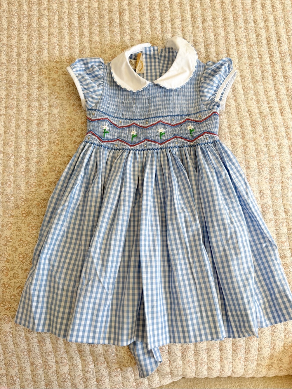 Classic Blue Gingham Smocked Kids Dress with Peter Pan Collar